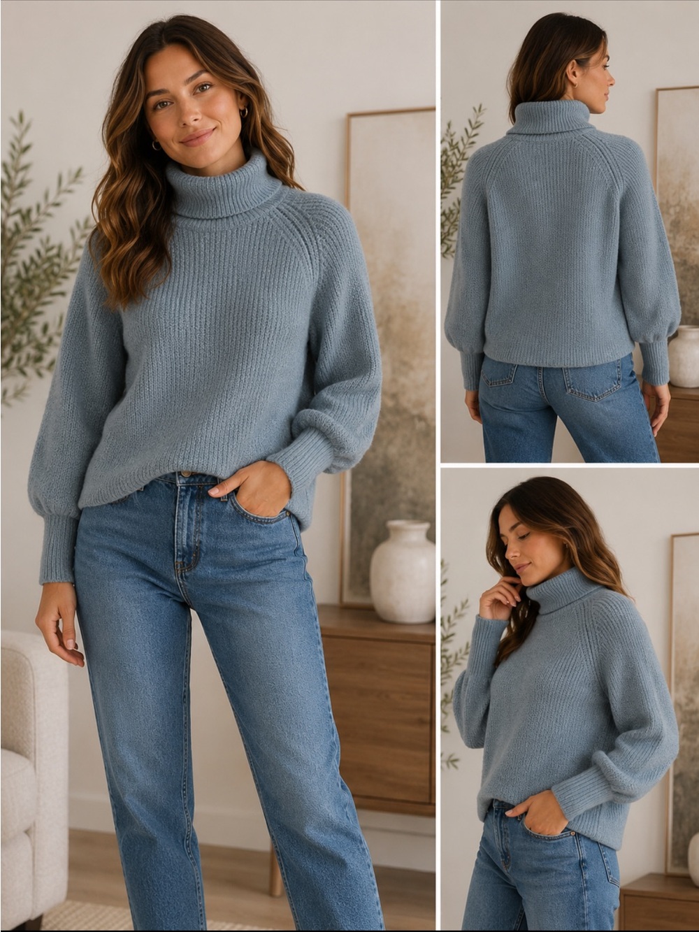 EsQualo Light Dusty Blue Turtleneck Sweater Balloon Sleeve Ribbed Knit Size M